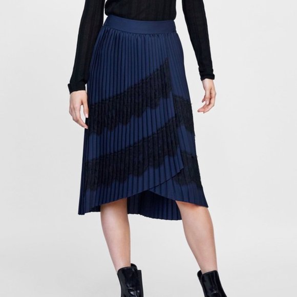 ZARA BLUE PLEATED MIDI SKIRT BLACK LACE DETAIL BRAND NEW WITH TAGS XS - Picture 5 of 9
